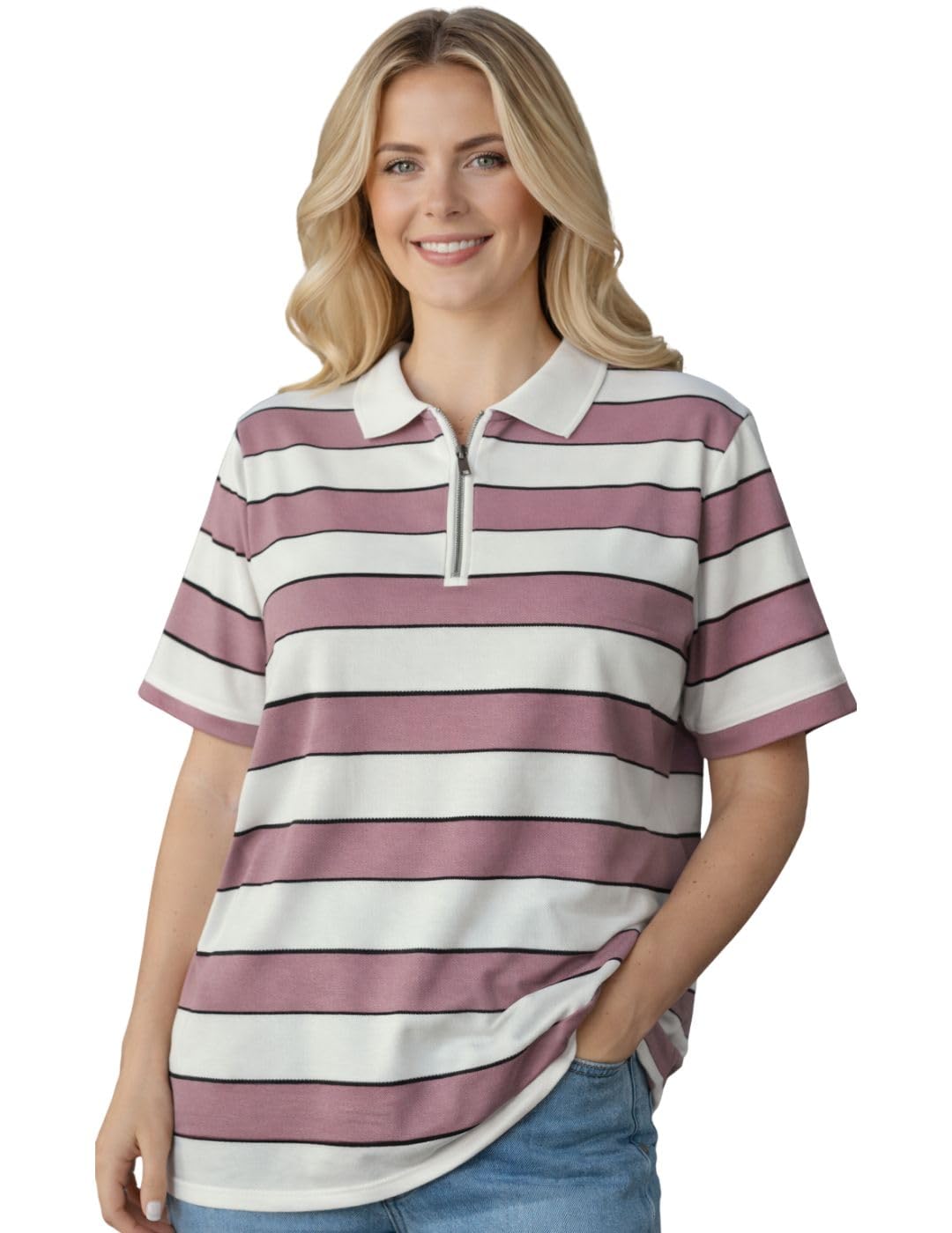 mack jonney Women’s Striped Polo T-Shirt | Half Zip Collar | Half Sleeve Cotton Casual Top | Relaxed Fit-M7496-picture-15