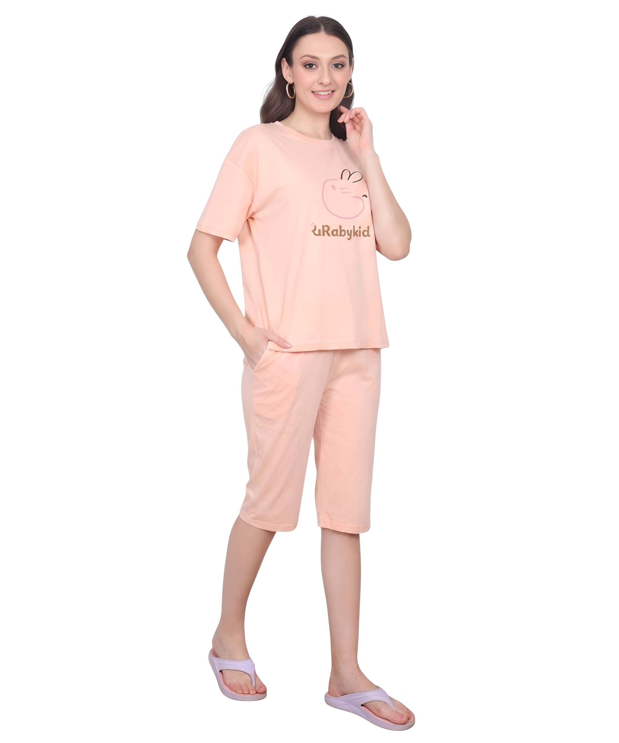 Women's Cotton Printed T-Shirt and Capri Co-Ord Set (IN, Alpha, L, PINK)-image-35
