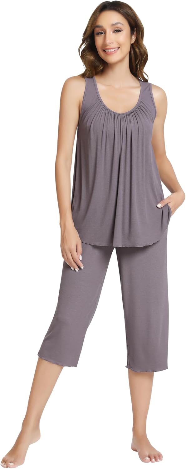 NACHILA Womens Pajamas-Viscose Made from Bamboo, Sleeveless Sleepwear Ribbed Tank Top Capri Pants Pajama Set Cool Pleated Pjs