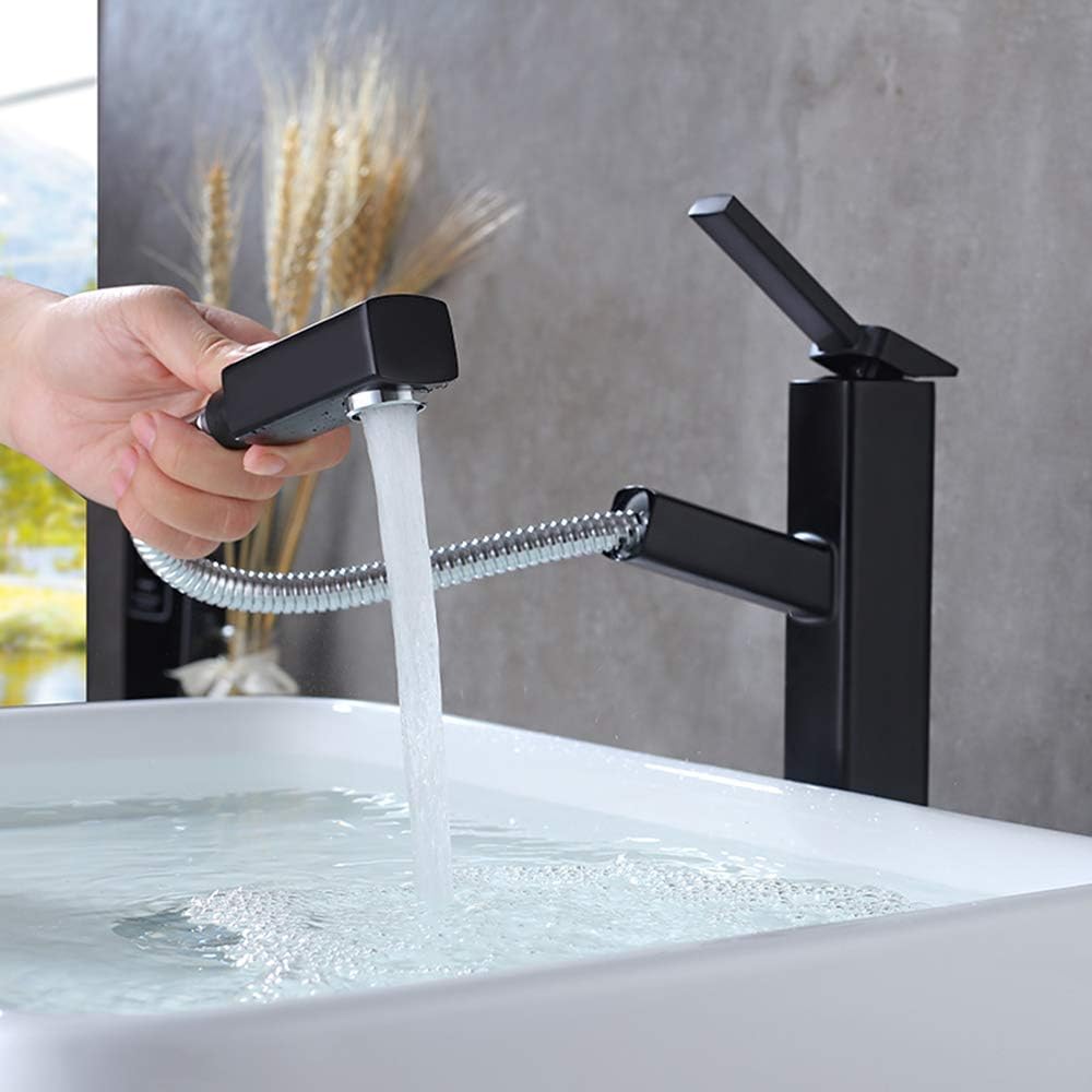 KAIYING Bathroom Pull Down Vessel Sink Faucet, Lavatory Single Hole Basin Sink Faucet with Pull Out Sprayer, Single Handle Utility Mixer Tap with Rotating Spout (Tall, Black)