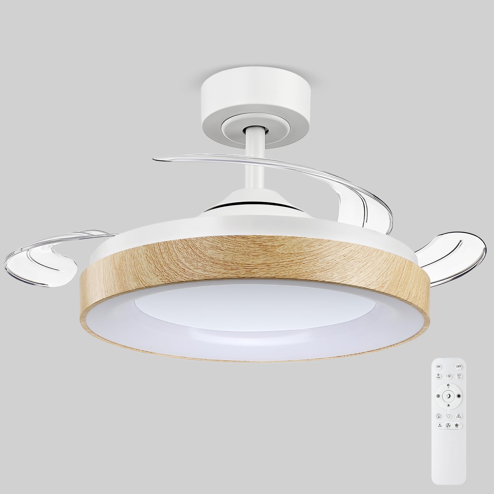 Ceiling Fan with LED Light and Invisible Blades Ø91cm – 3CCT Adjustable (3000K-4000K-6500K), Natural Wind Mode, 45dB Quiet, IR Remote Control for Bedroom (Light Wood Grain)