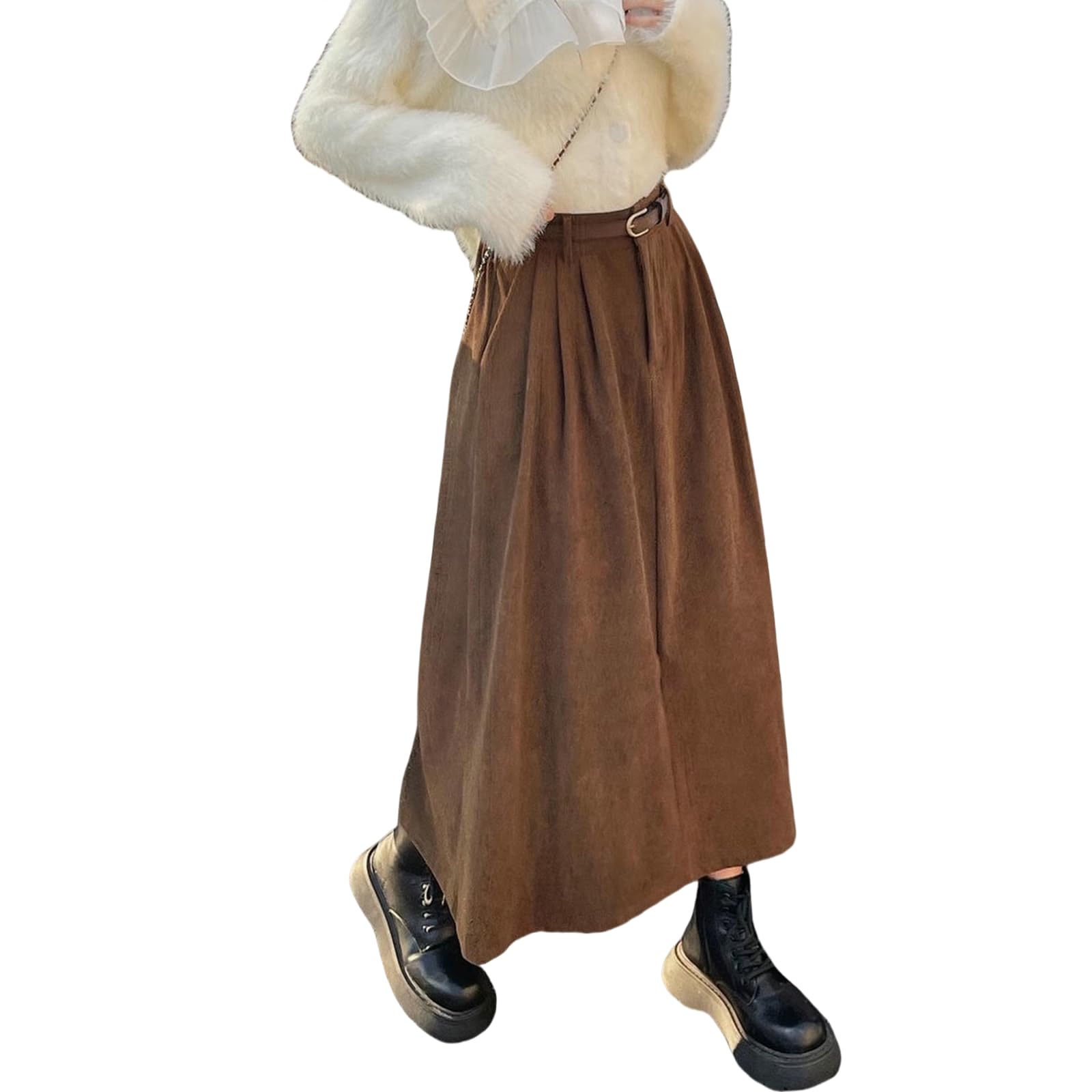 Röcke Cordrock Für Frauen Herbst Und Winter Neuer Hoher Taille Langer Retro-hip-hip-bedeckender A-line-Rock Mit Gürtel-schwarz-s