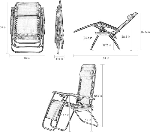 Miniatura 9 de Juego de 2 sillas de gravedad cero con almohada y soporte para tazas, sillas plegables ajustables para comedor, terraza, patio, playa, patio