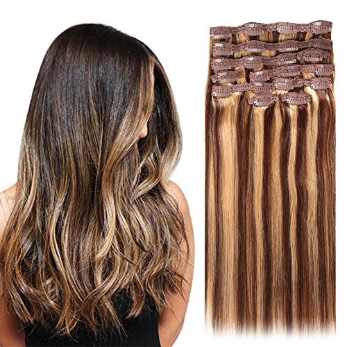 Moda Mode Clip in Hair Extensions Remy Human Hair Silky Straight Medium Brown/Dark Blonde (#4/27) 10 Pieces 130g/4.6oz (C130-16", 4/27)