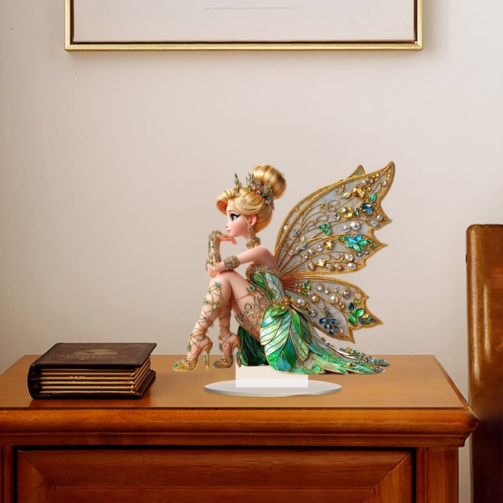Mini Table Flower Fairy Statue Figurine Ornament Butterfly Fairy with Diamond Home Fairy Garden Decor 2D Acrylic Bookshelf Windowsill Bonsai Landscaping Resin Decor (not a 3D stereoscopic one) - Image 8