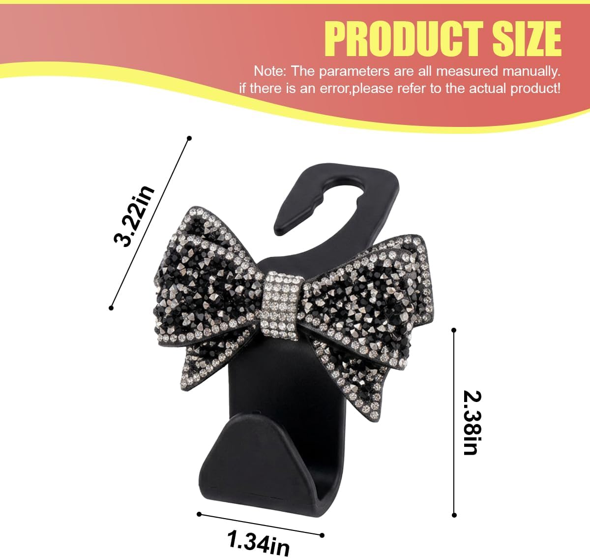 2PCS Bling Bow Car Seat Headrest Hooks Cute Backseat Hangers, Black image 2