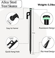 Vista 2 de Tent Stake and Hammer Set, 8pcs 10in Heavy Duty Tent Stakes with 12in Camping Hammer, Reflective Camping, Rope Storage Pouch, Forged Steel Tent Pegs