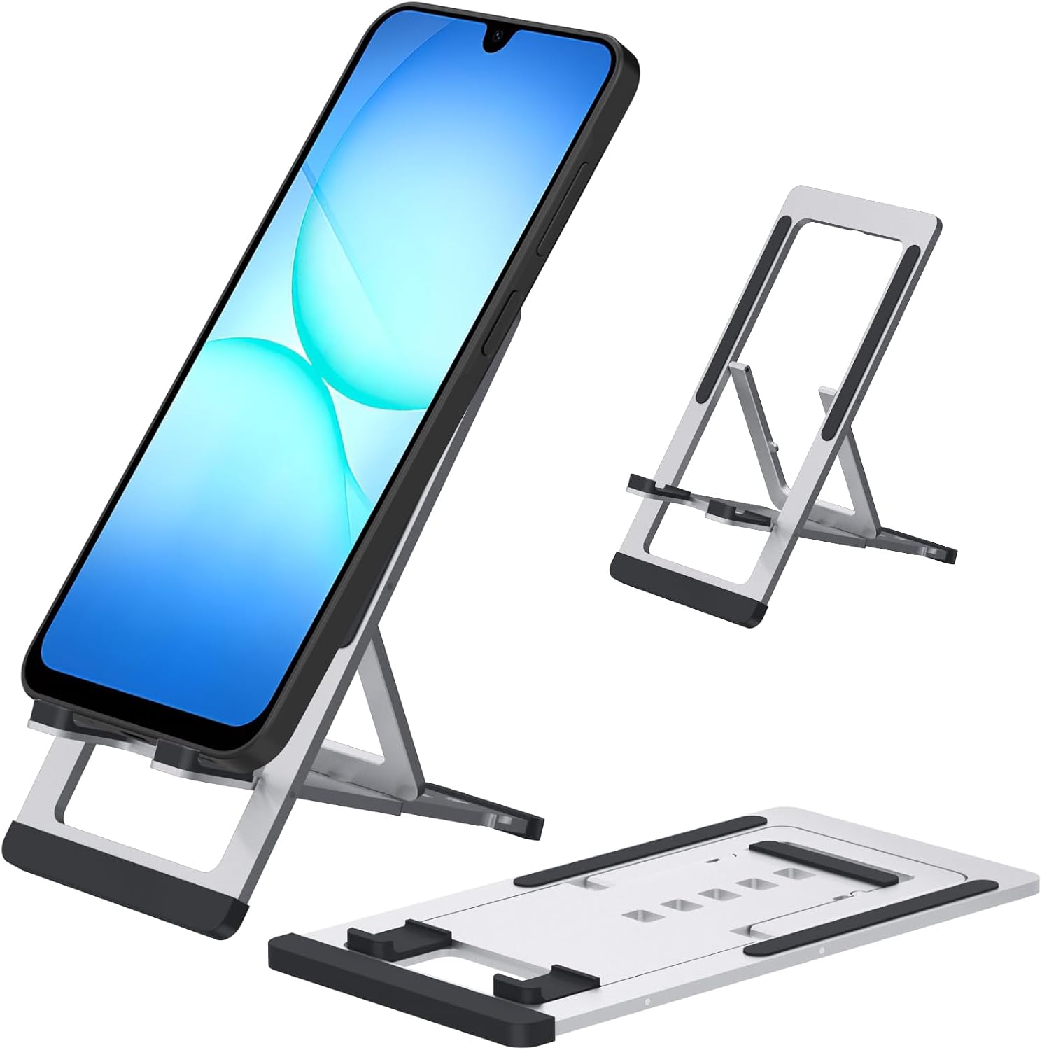 DEERLAMN Adjustable Cell Phone Holder Desktop, Aluminum Alloy Foldable and Portable Ultra-Thin Lightweight Metal Stand Holder for Phone/Tablet, Silver image 2