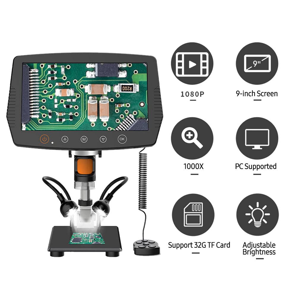 Walmeck Videomikroskop, LCD-Bildschirm, 9 Zoll, 1080P, Digitales Mikroskop mit 1000-fachem Zoom, Verstellbares Rad, LED-Leichtmetall-Ständer für Elektronikreparatur, Industrielle