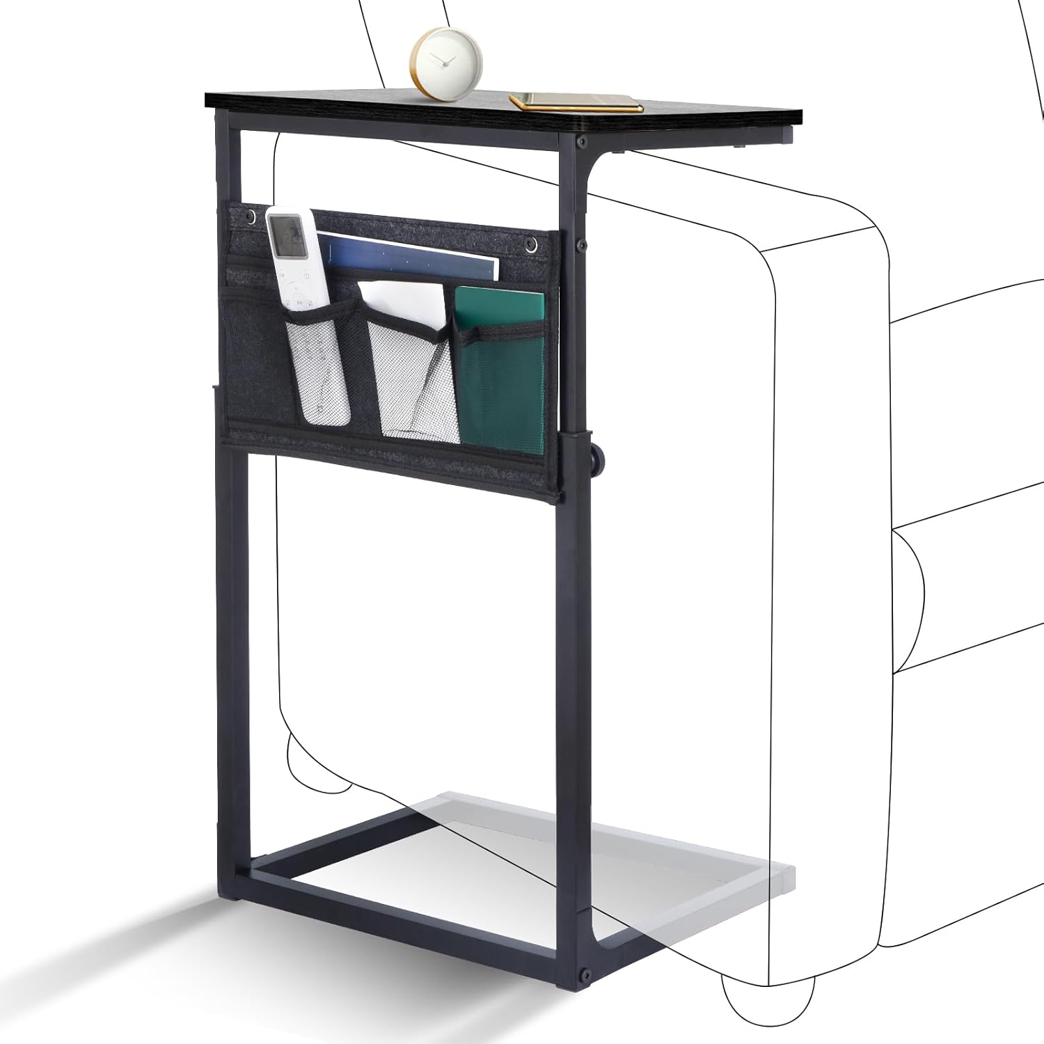 C Shaped End Table Adjustable Height, Side Table with Storage Bag, Small Side Table for Small Spaces, Couch Tables That Slide Under, Tv Tray Table for Living Room, Black