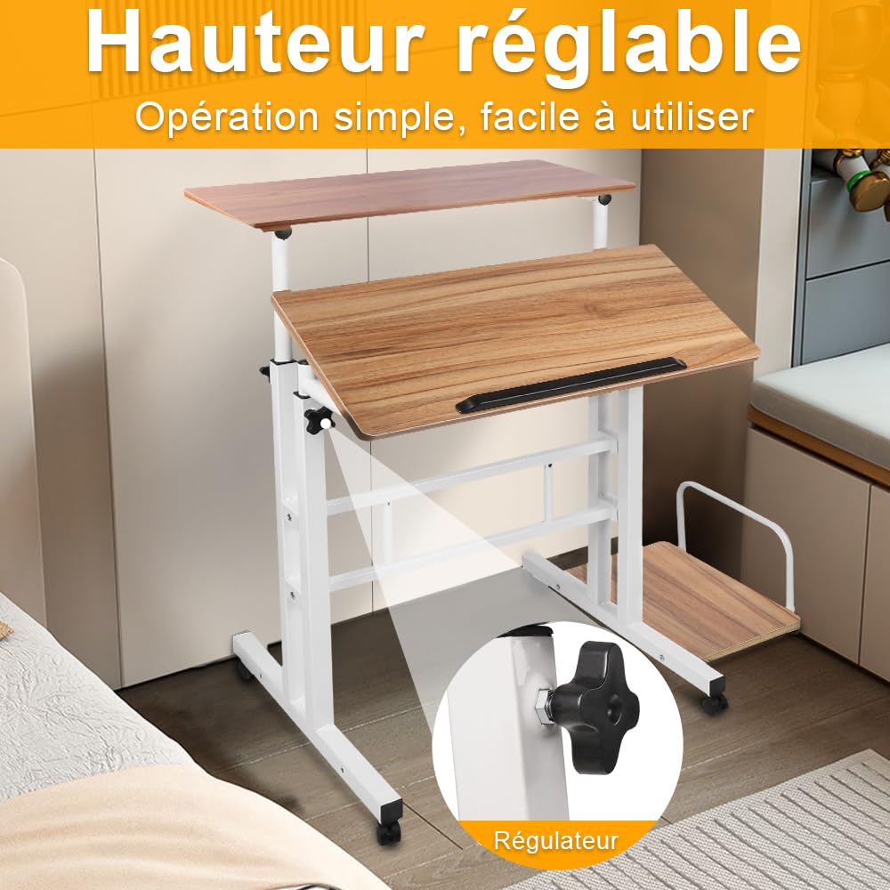 SDdPulse Dunkles Eichenholz, tavolo mobile per computer regolabile in altezza, con ruote, per camera da letto e soggiorno, 82 x 60 x 67-117 cm
