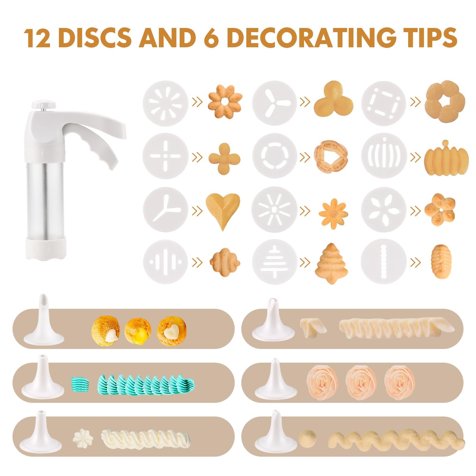 Prensa de Galletas de Repostería con 12 Moldes y 6 Boquillas – Pistola para Decorar Tartas y Galletas – Jeringa de Masa Antideslizante BPA-Free para Cocina Creativa