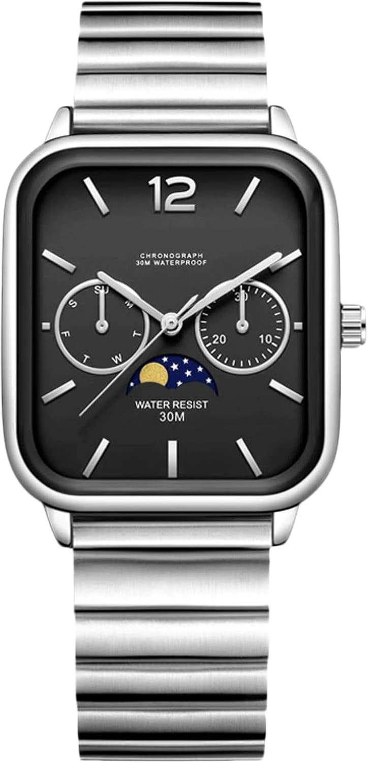 RORIOS Mens Watch Analog Quartz Dual Calendar Wristwatches Simple Business Dress Waterproof Watches with Stainless Steel & Rectangle Dial