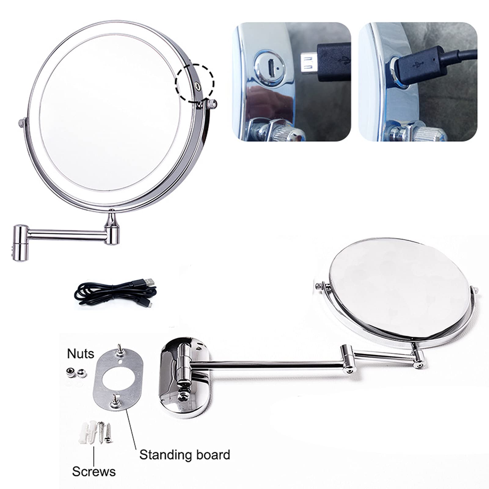 Espejo De Maquillaje Montado En La Pared con Luz,USB Recargable Espejo de Tocador de Pared con LED,Espejo de Aumento 360 Giratorio, Perfecto como Regalo para Mujeres y Niñas,3X Magnifying