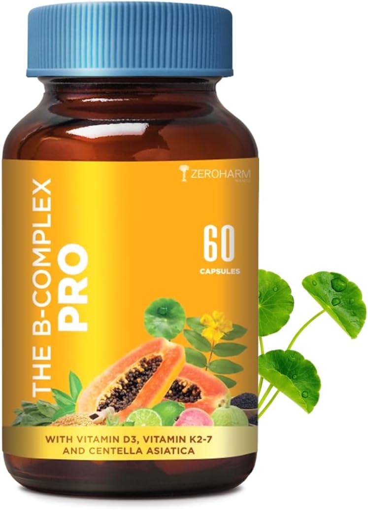 Zeroharm B-Complex Pro with Vitamin D3 & K2-7 | Vitamin B-Complex With B1, B2, B3, B5, B6, B9 & Vit B12 | Plant-Based Supplement | Supports Energy & Immunity For Men and Women | 60 Veg Capsules