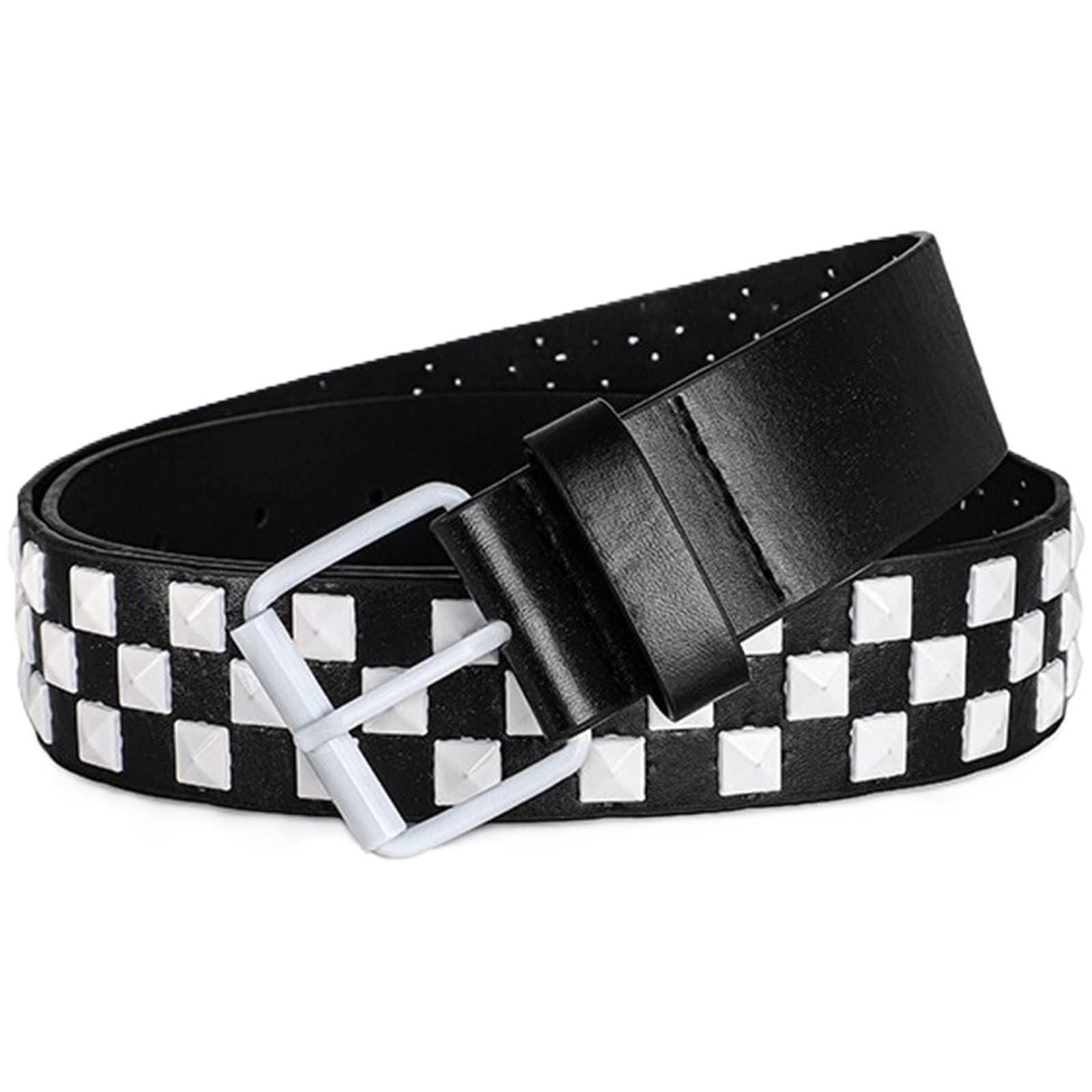 AGUTALITHIC Metal Punk Rock Studded Belt for Women Gothic PU-Leather Strap with Pyramid Four-Jaw Square Rivets Roller Buckle(110cm/43, White)