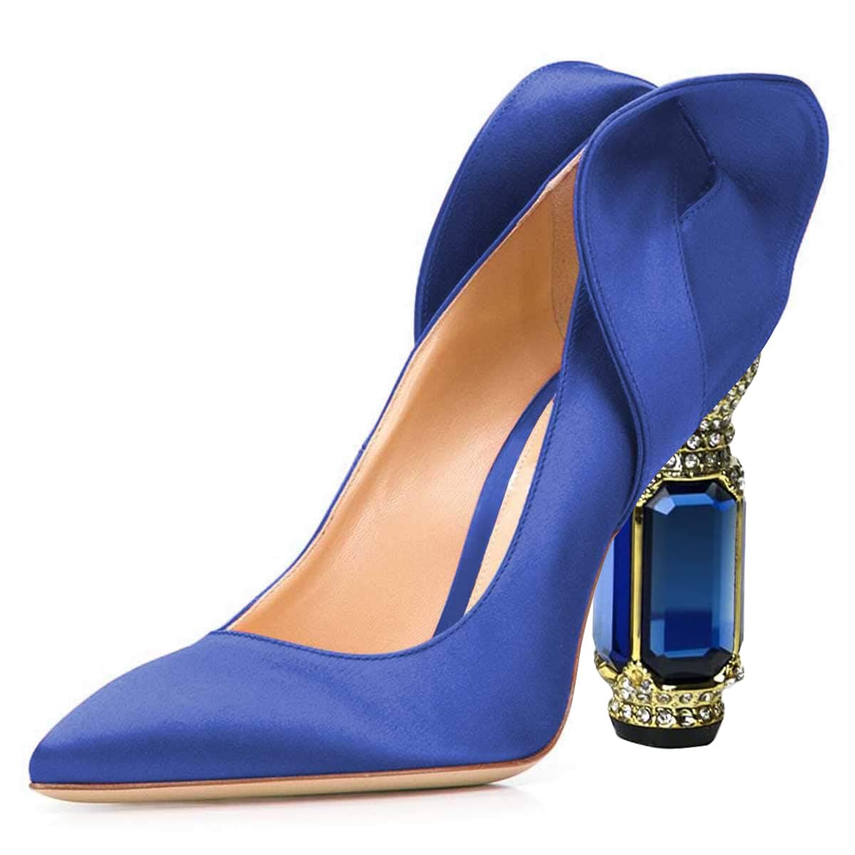 FSJ Women Graceful Satin Pumps Pointed Toe Crystal Chunky Block High Heels Slip On Curly Back Wedding Dress Evening Shoes Size 4-16 US