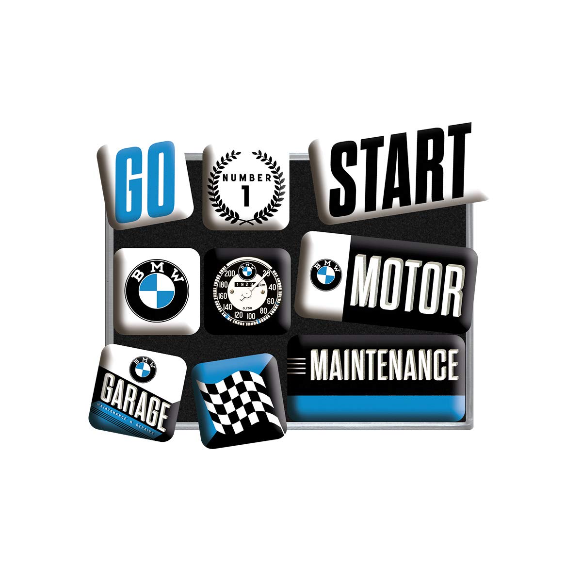 Nostalgic-Art Retro magnesy na lodówkę, 9 sztuk, BMW – Motor – Pomysł na prezent dla miłośników BMW, Official License Product (OLP), zestaw magnesów, Styl vintage