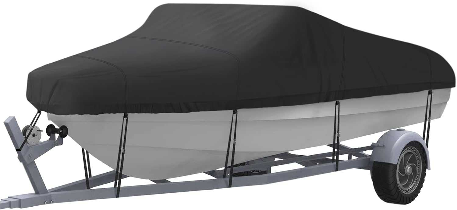NEXCOVER Trailerable Boat Cover, Length: 14'-16' Beam Width: up to 90", Waterproof Heavy Duty Cover, Fits V-Hull, TRI-Hull, Runabout, Pro-Style, Bass Boat, Storage Bag & Tightening Straps Included.