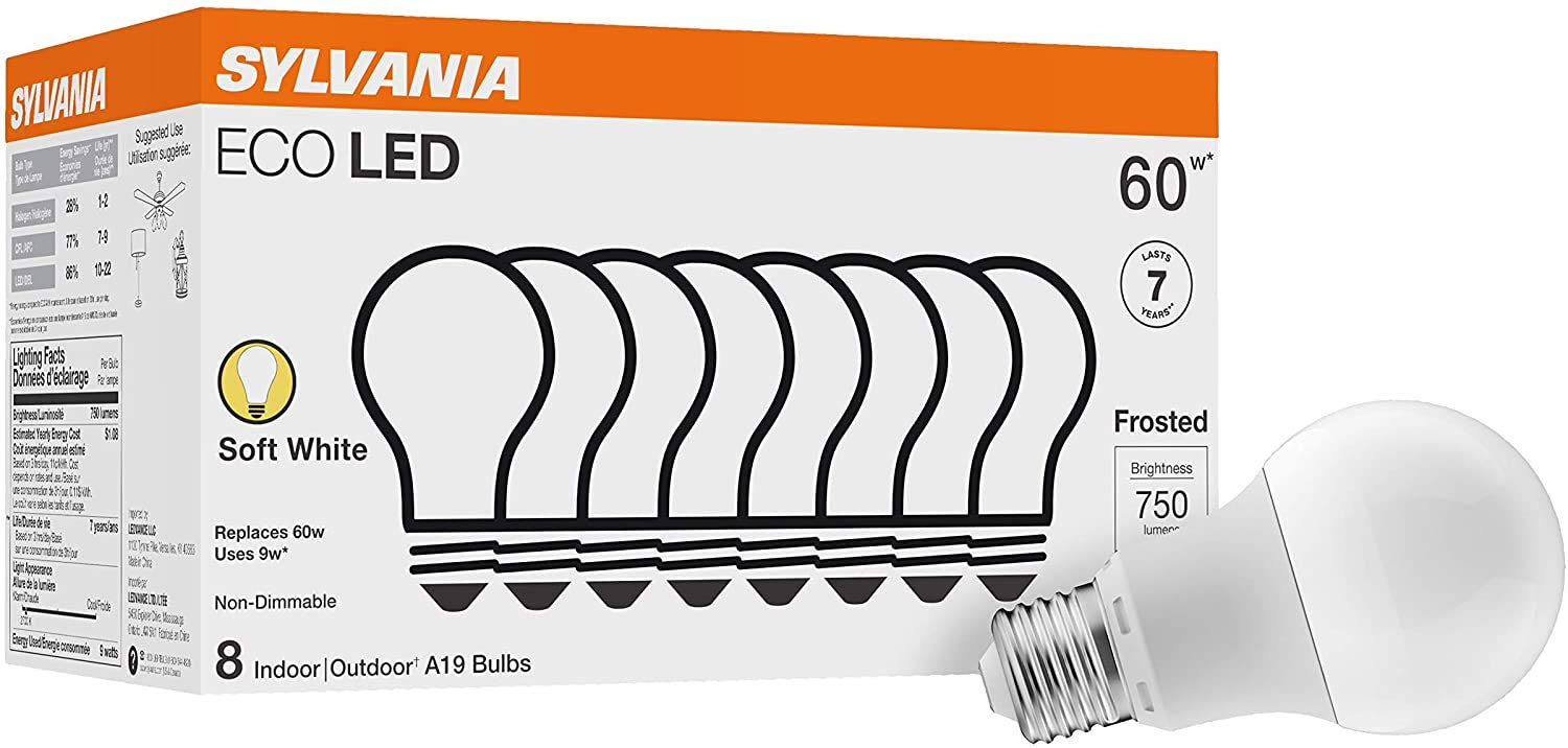 sylvania eco led light bulb a19 60w equivalent efficient 9w 7 year 750 lumens 2700k non-dimmable frosted soft white - 8 count pack of 1 40821
