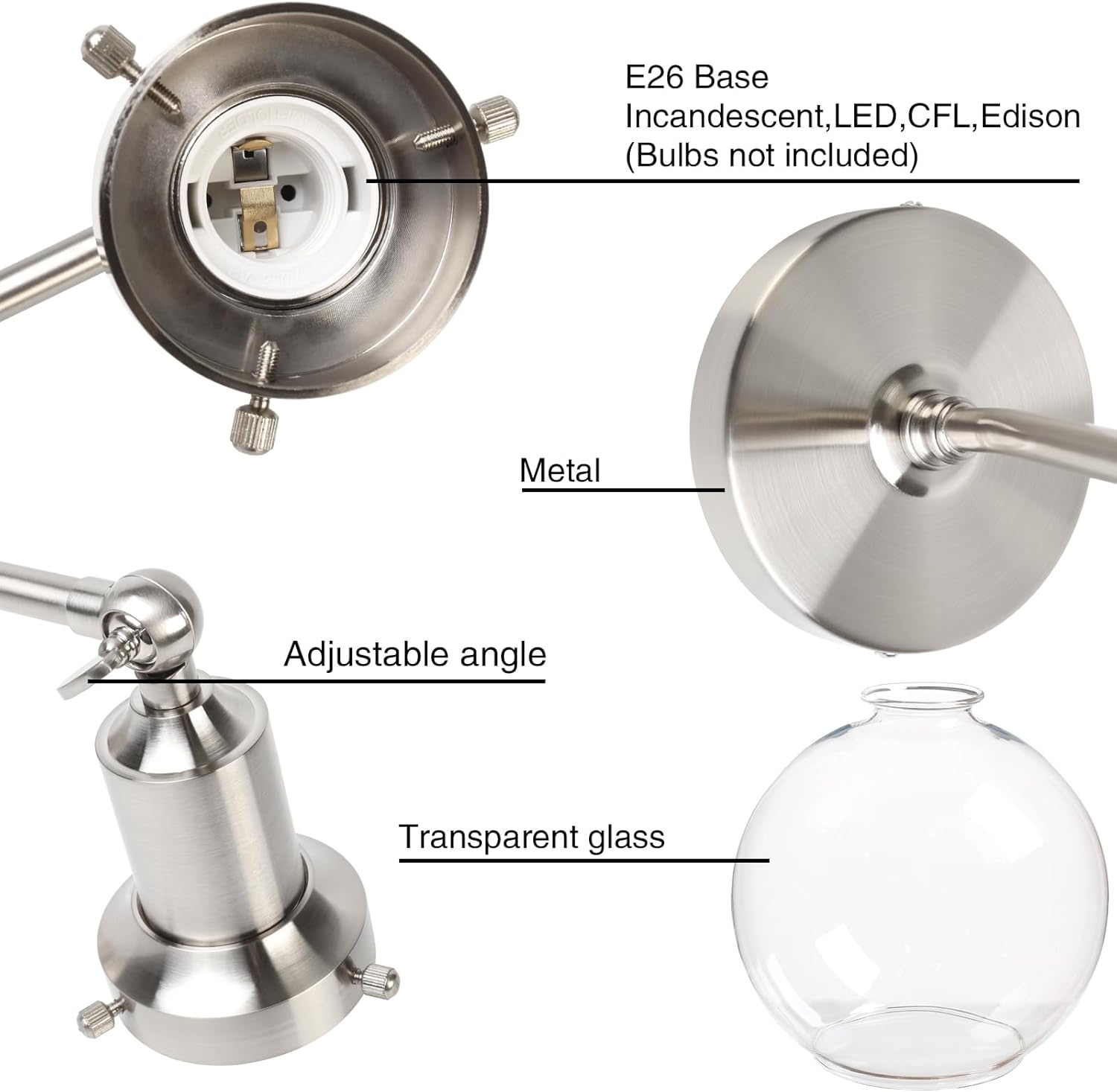 PERMO Industrial Vintage Slope Pole Wall Mount Single Sconce with 7.9" Globe Round Clear Glass Shade Wall Sconce Light Lamp Fixture (Brushed)
