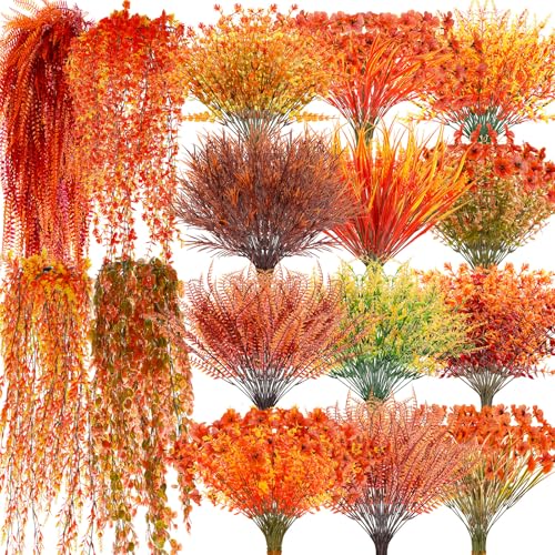 Thiccywoov 32 Bundles Artificial Fall Flowers Plants for Outdoors 16
