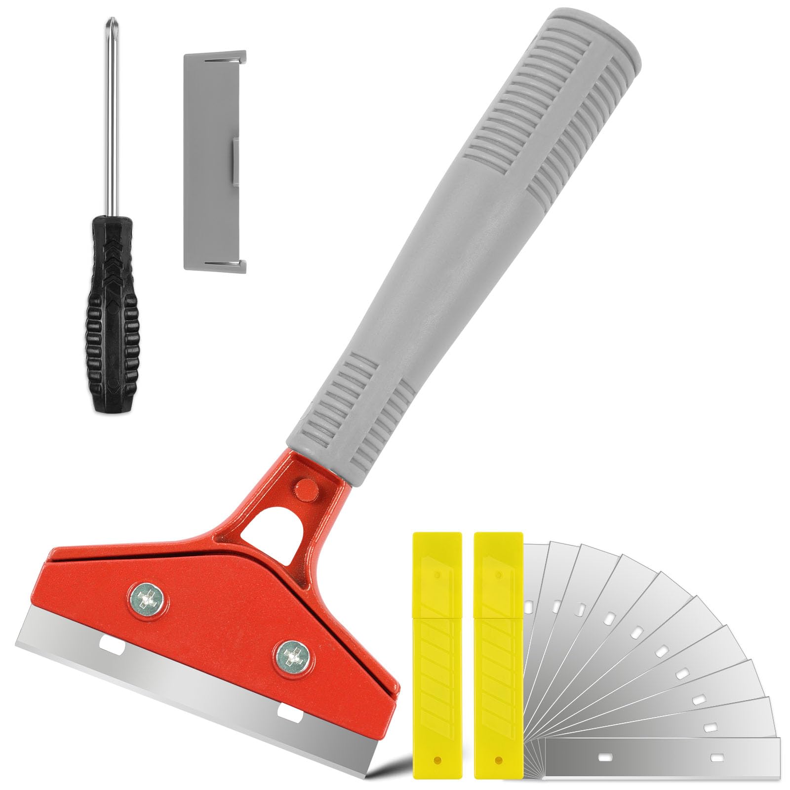 ANOMM Heavy Duty Wallpaper Scraper with 20 Replace Accessories, Anti-Slip Long Handle Wallpaper Remover with Protective Cover, Floor Scraper for Removing Stickers Labels Paint Residue, Red