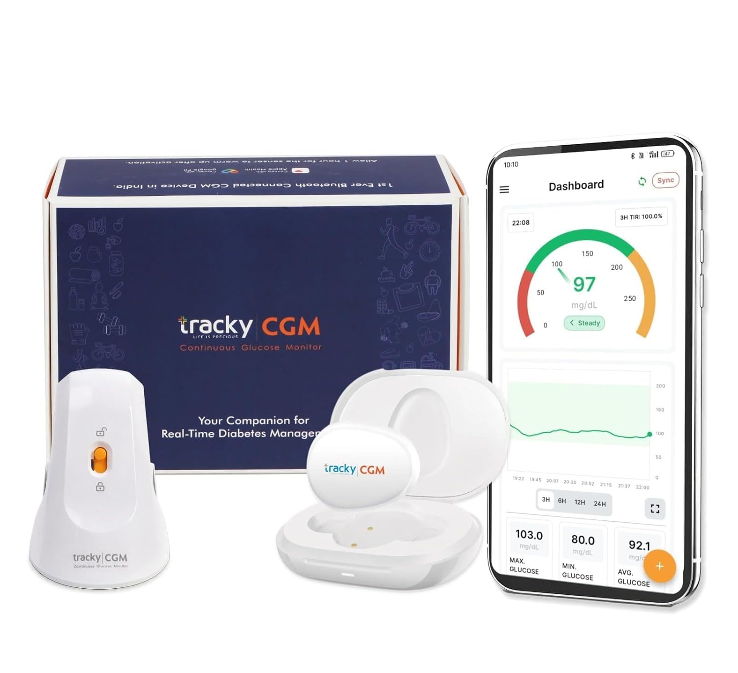 Tracky CGM Smart Glucose Monitor Device With Transmitter and Sensor, Real-Time Bluetooth-Connected Continuous Blood Glucose Monitoring for Diabetes & Sugar Test 14-Day Sensor, App-Integrated System