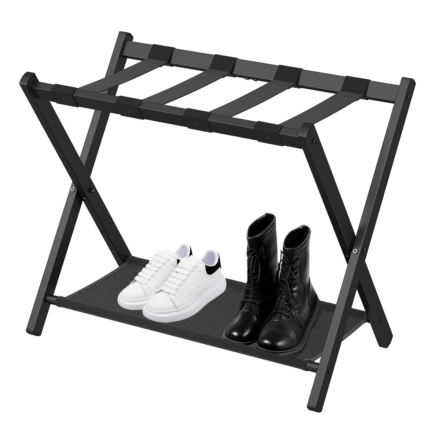 SPNOR Luggage Rack,Steel Folding Suitcase Stand with Storage Shelf for Bedroom, Living Room, Hotel Essentials, Heavy Duty Steel Frame