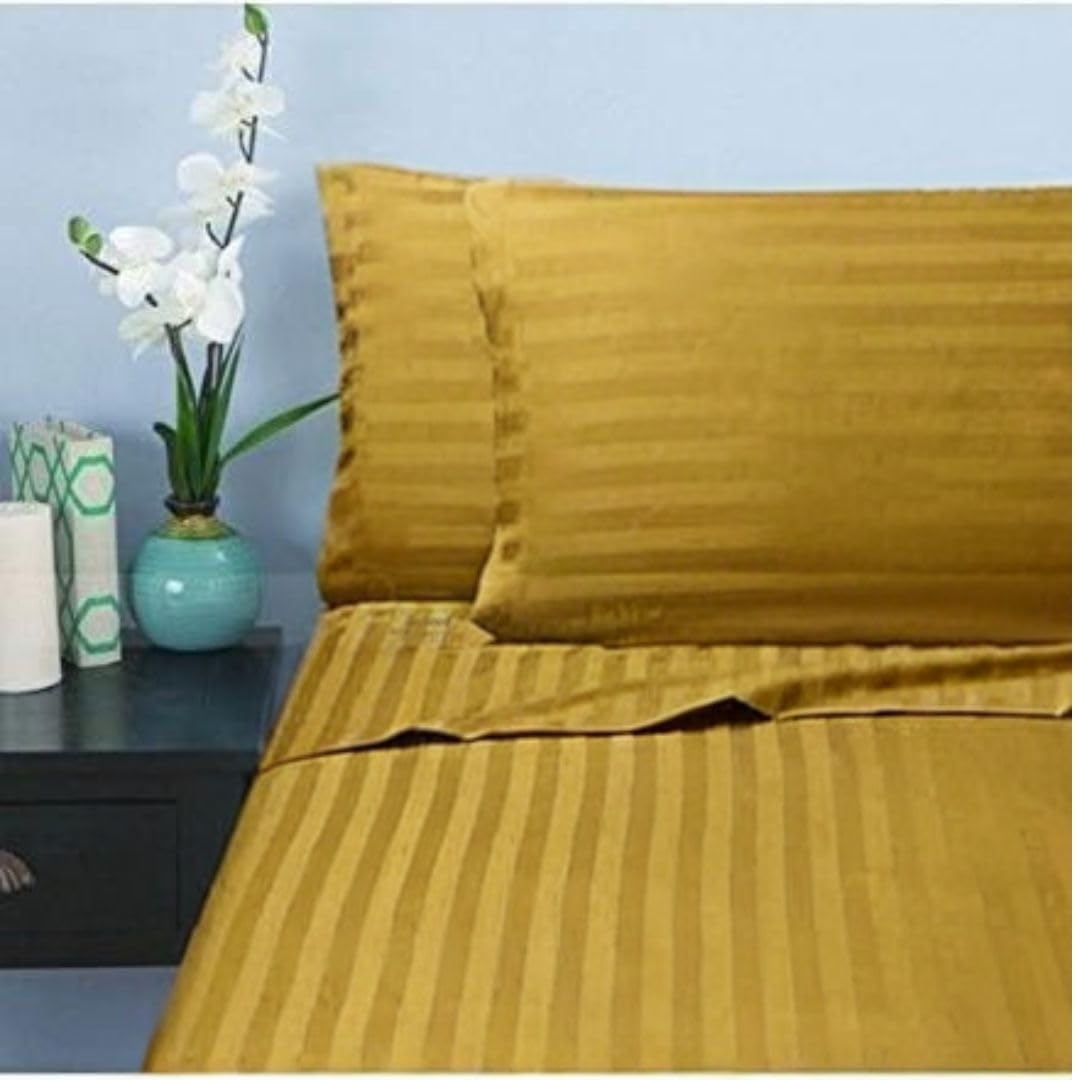 King Bed Sheet 3pcs Set, 100% MICROFIBER Sateen 1cm Stripe, Size: 240x260cm + 2pc Pillowcase 50x75cm, (Gold)
