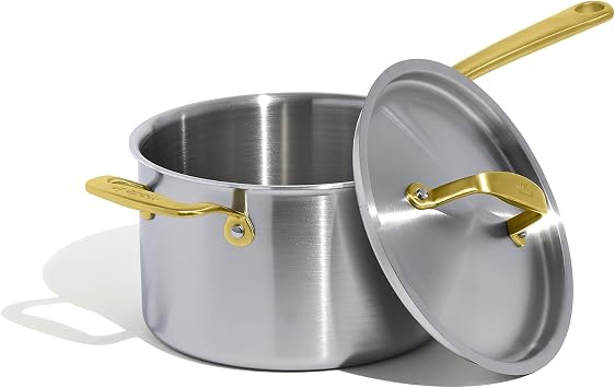 Made In Cookware - 4 Quart Stainless Steel Saucepan with Lid Antique Brass Handle - 5 Ply Stainless Clad - Professional Cookware - Crafted in Italy - Induction Compatible