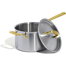 Made In Cookware - 4 Quart Stainless Steel Saucepan with Lid Antique Brass Handle - 5 Ply Stainless Clad - Professional Cookware - Crafted in Italy - Induction Compatible