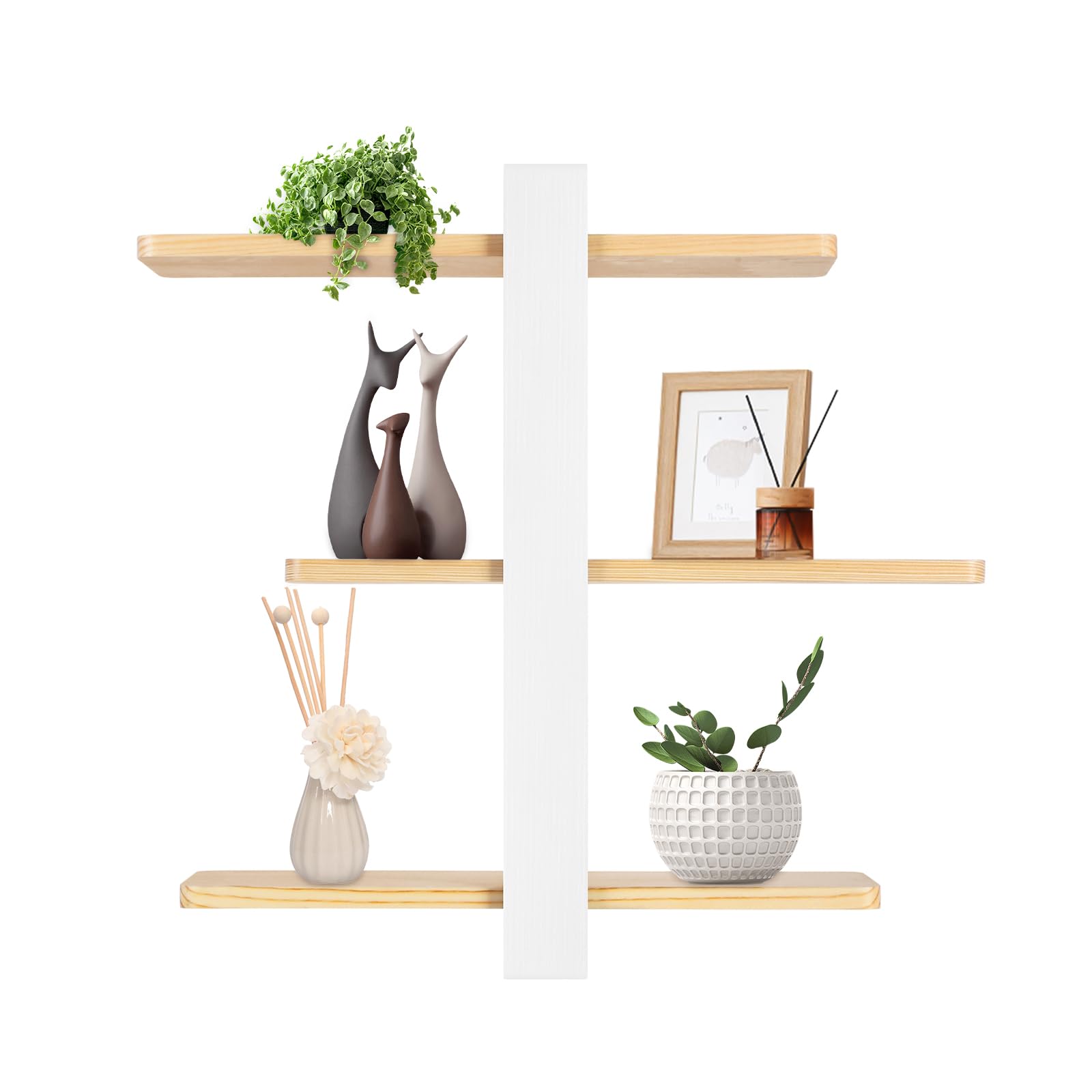 HUOLE Mensola da parete industriale in acciaio per tubi in legno, mensola sospesa, libreria a 3 livelli, per cucina, soggiorno, camera da letto, 58 x 50 x 16 cm, bianco (2 pezzi)