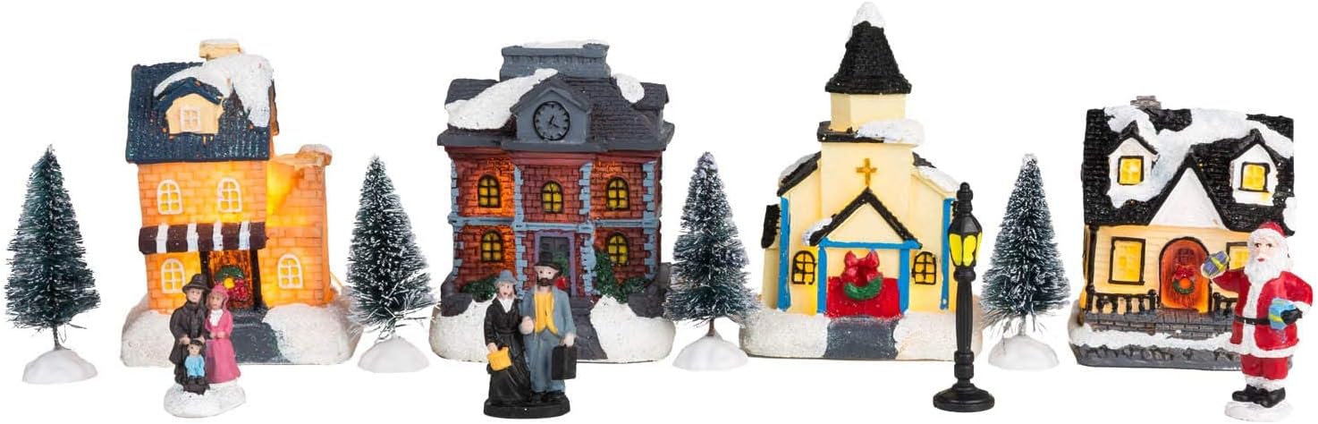 innodept12 Christmas Winter Village Houses, with LED Light up, with Timer, Christmas Figurines Accessories for Villages Landscape Accessory Set
