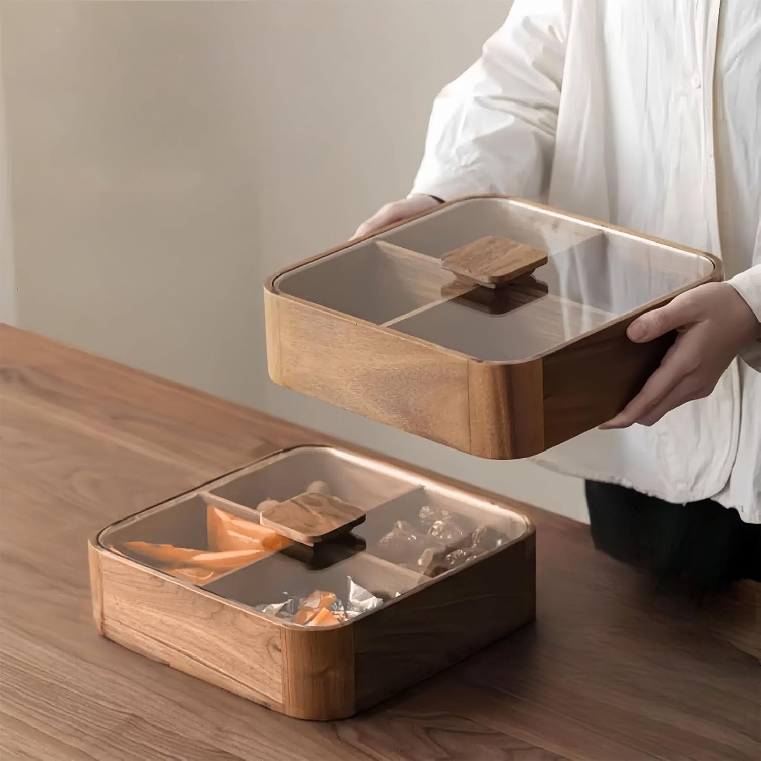 Koqye 4-Compartment Wooden Serving Tray with Lid - South American Walnut Platter for Nuts, Candy, Dry Fruits | Food Storage & Home Decor (South American Walnut) - Image 4