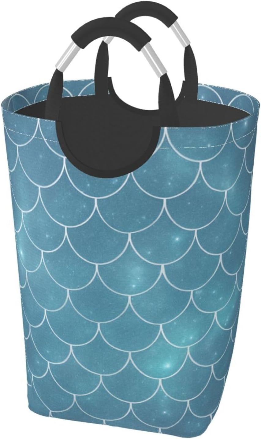 50l Laundry Basket Blue Fish Scales Waterproof Laundry Hamper Foldable Clothes Laundry Bag With Handles