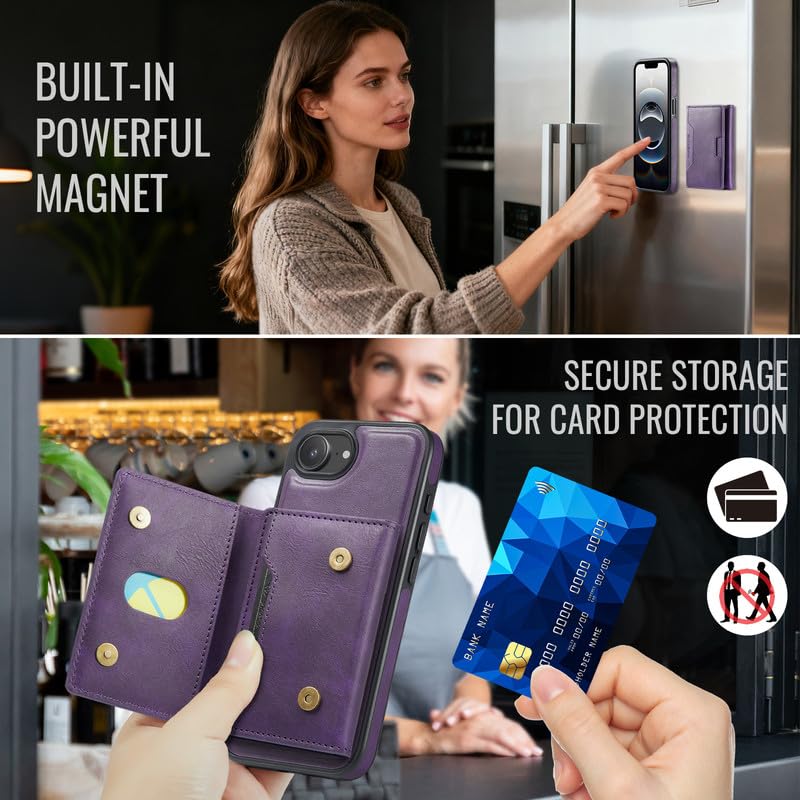 Funda magnética para iPhone 16E morada 2 en 1 desmontable con cartera RFID 6