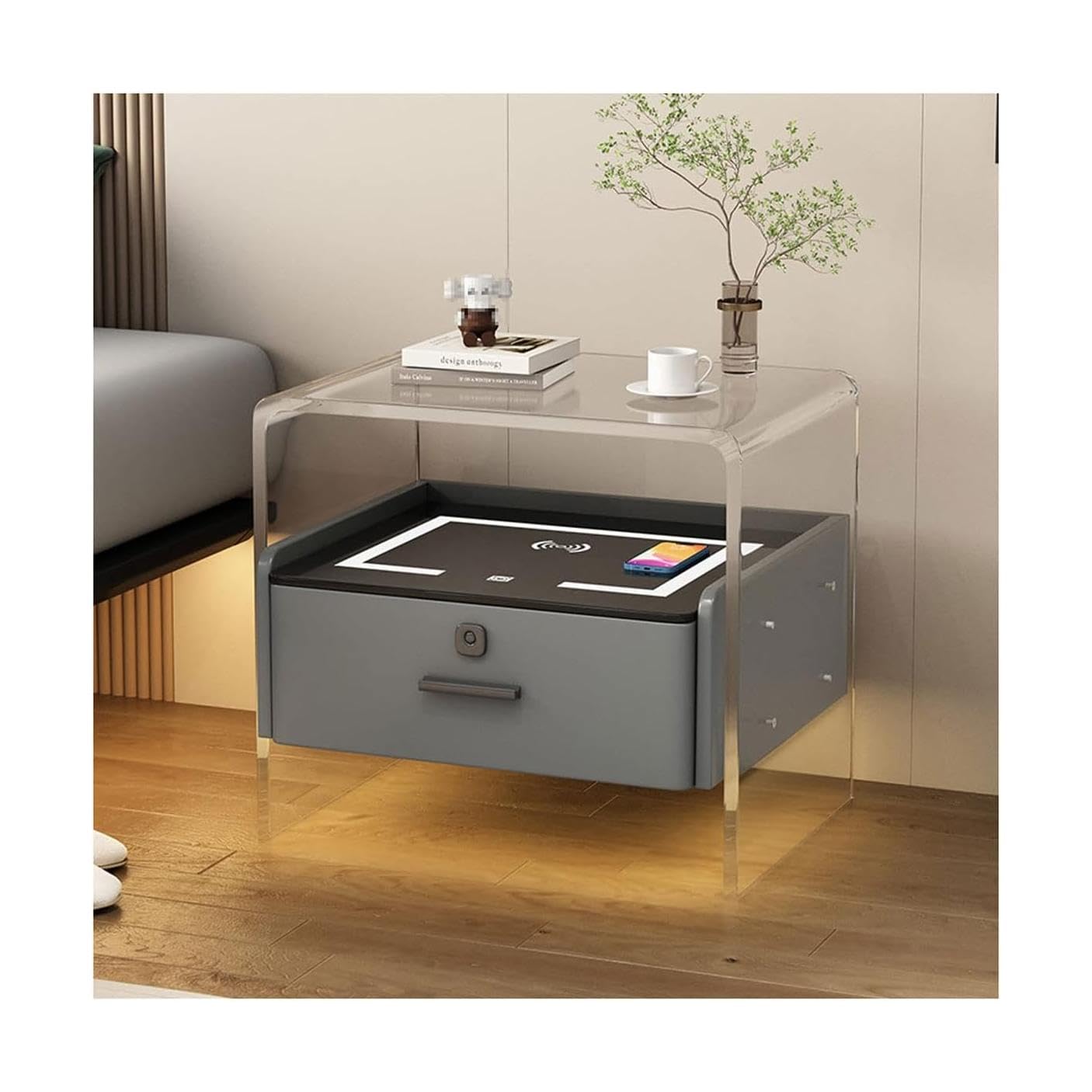 BHGFYXBS Smart Nightstand Acrylic End Table Wireless Charging Bedside Table Led Fingerprint Lock Drawer Leather Bedside Cabinet,Pink,Dark Gray,Dark Gray