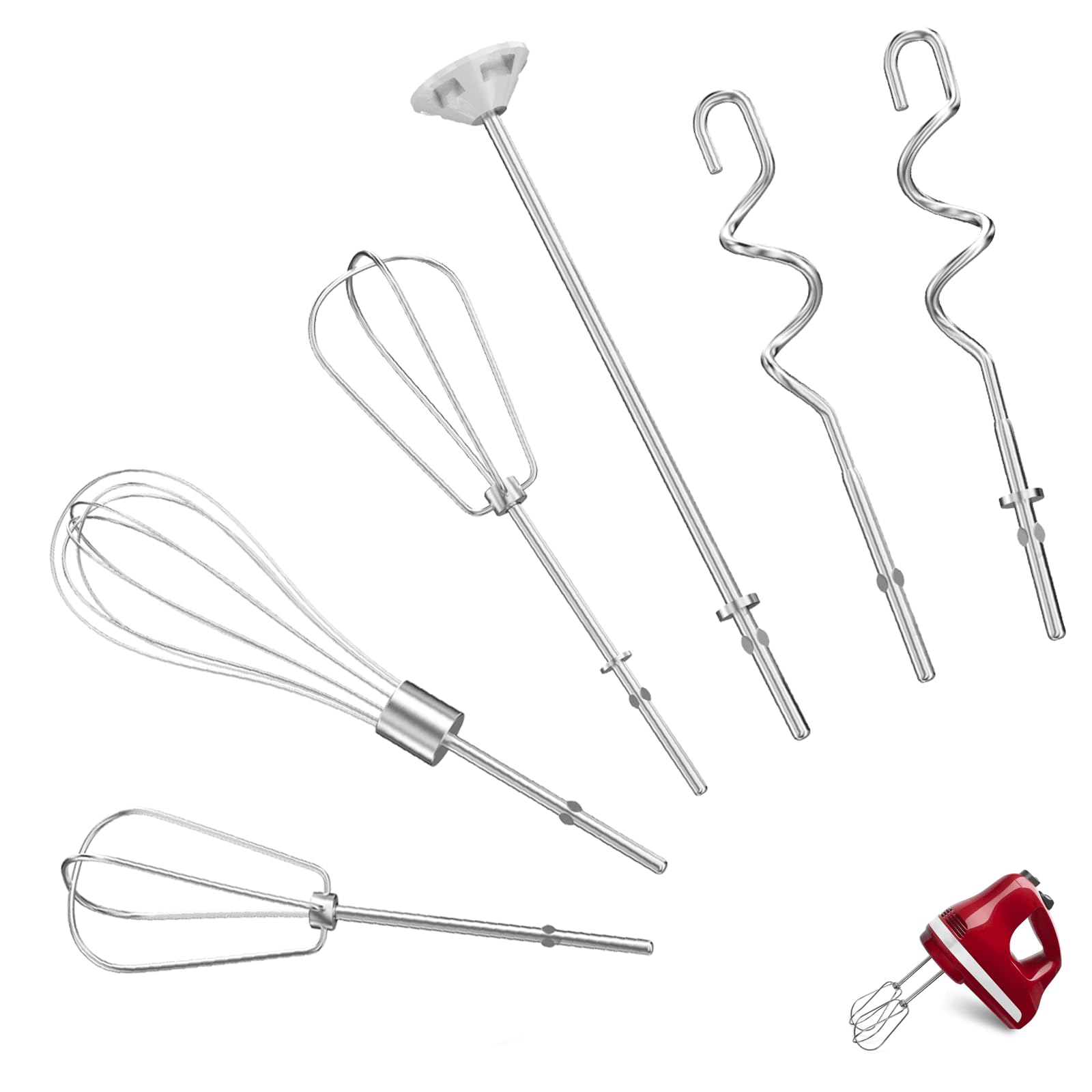 Hand Mixer Attachments Beater 6Pcs Whisk Blending Rod and Dough Hooks Stainless Steel Hand Mixer Accessories for Kitchenaid