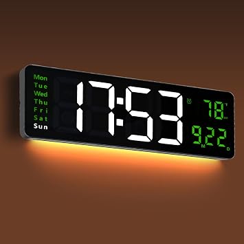 16" Digital Wall Clock Large Display with Remote Control,Big LED Digital Clock Wall Mount with 9 RGB Colors Night Light,DST, Date Week,Temp,Dual Alarm,for Living Room Bedroom Decor Gift for Elderly