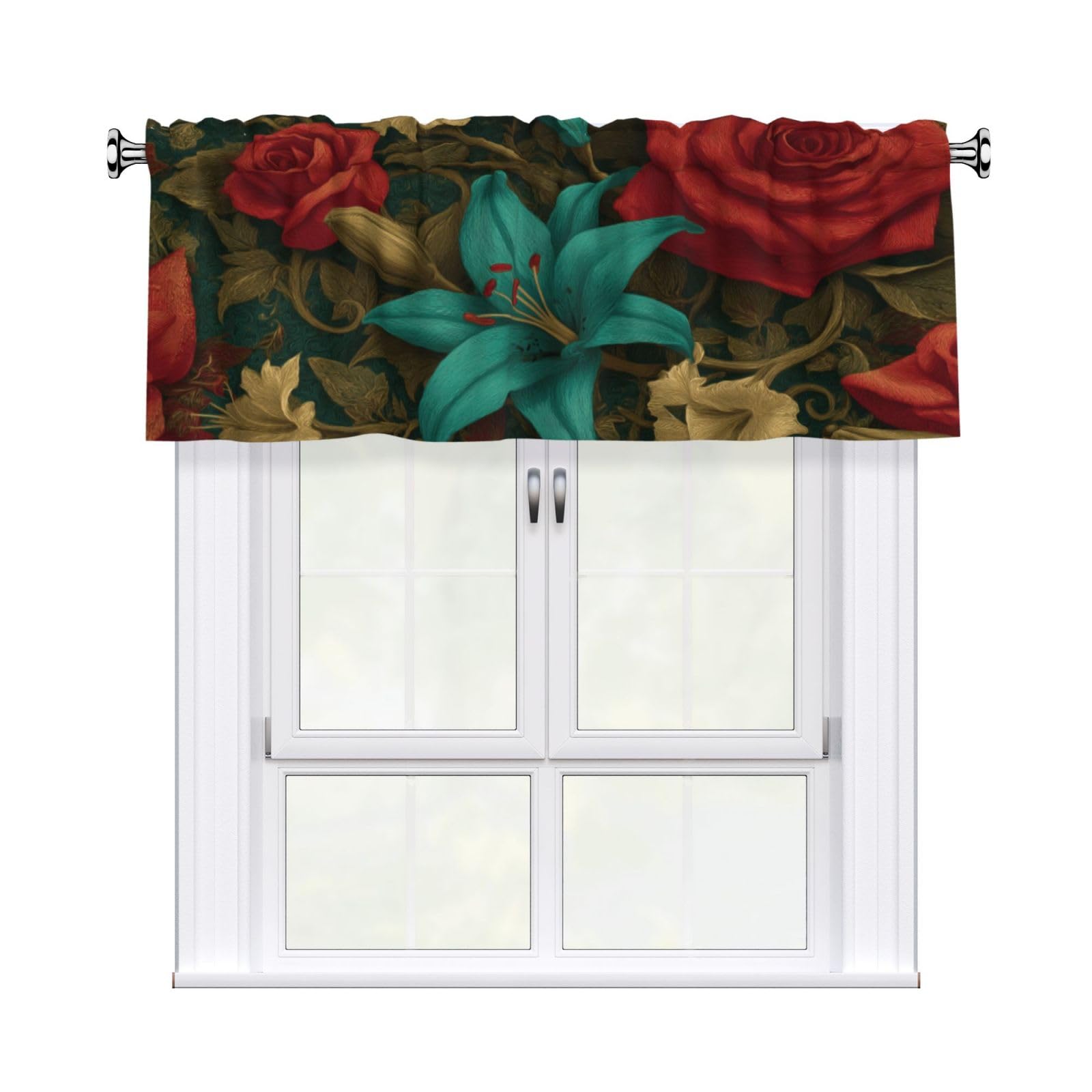 Woshuwo Roses Lilies With Vines Dark Gothic Botanical Valances For Windows Rod Pocket Window Treatment Short Curtains For Kitchen Living Room Bedroom Decor 54x18in