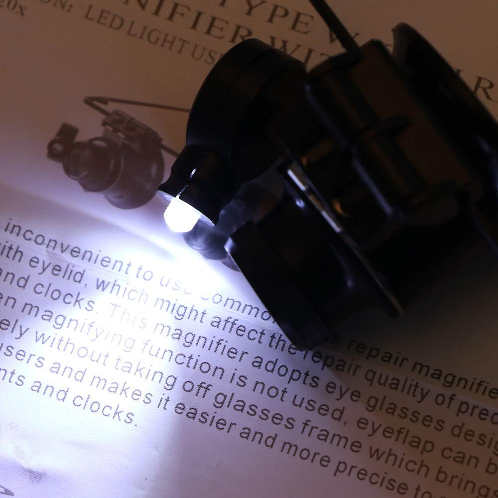 Lente di Ingrandimento per Occhiali da Lettura con Testa Illuminata 20X, Tipo LED, Binoculare, Lente di Ingrandimento per Riparazione Orologi