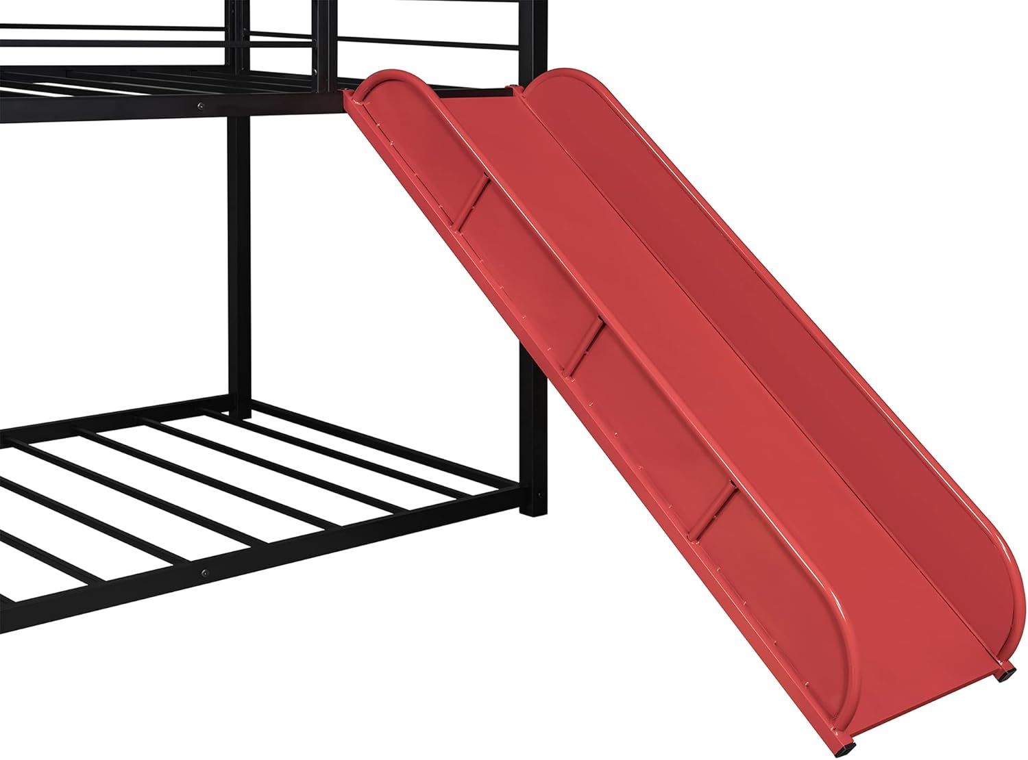 Twin Over Twin Bunk Beds with Slide, Metal Frame House Bunk Bed , Low Twin Bunk Beds with Built-in Ladder for Kids Toddlers Girls & Boys , No Box Spring Needed (Black+Red Slide)