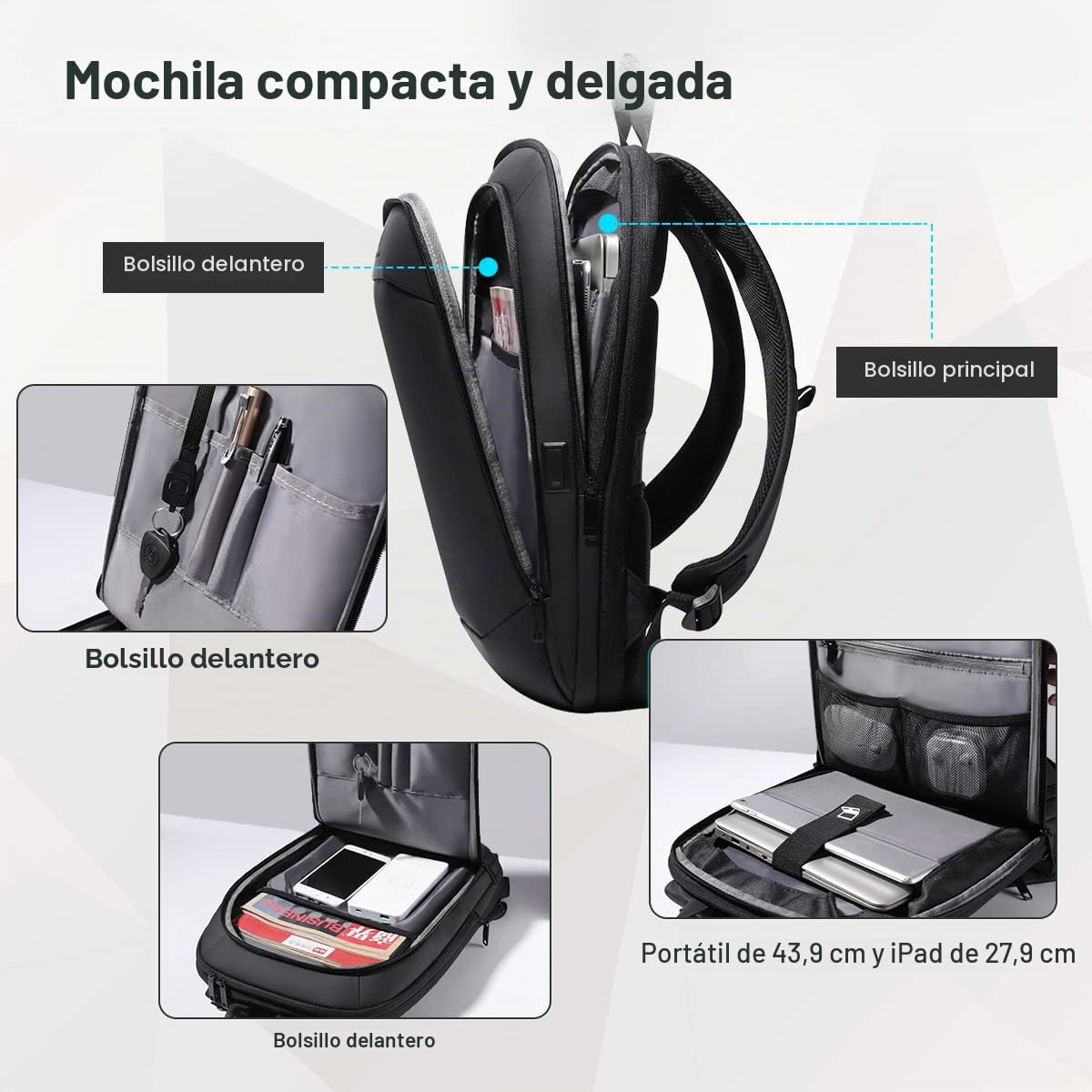 Mochila Ordenador Portatil 17 Pulgadas Expandible Impermeable Casual Compacta Ligera Delgada Elegante para Trabajo Universidad Casual Cremalleras YKK (27L Negro)