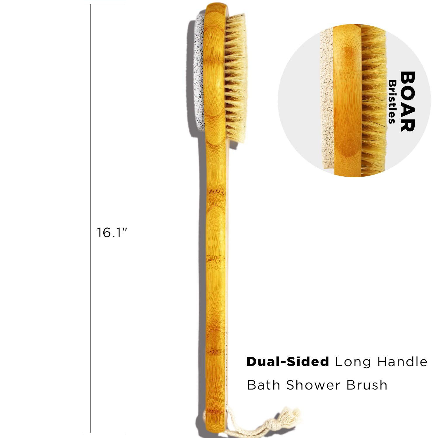 ICANdOIT - Cepillo de baño y ducha 2 en 1 de mango largo, cerdas de jabalí con piedra pómez que exfolia y suaviza la piel, cepillo corporal para celulitis y drenaje linfático