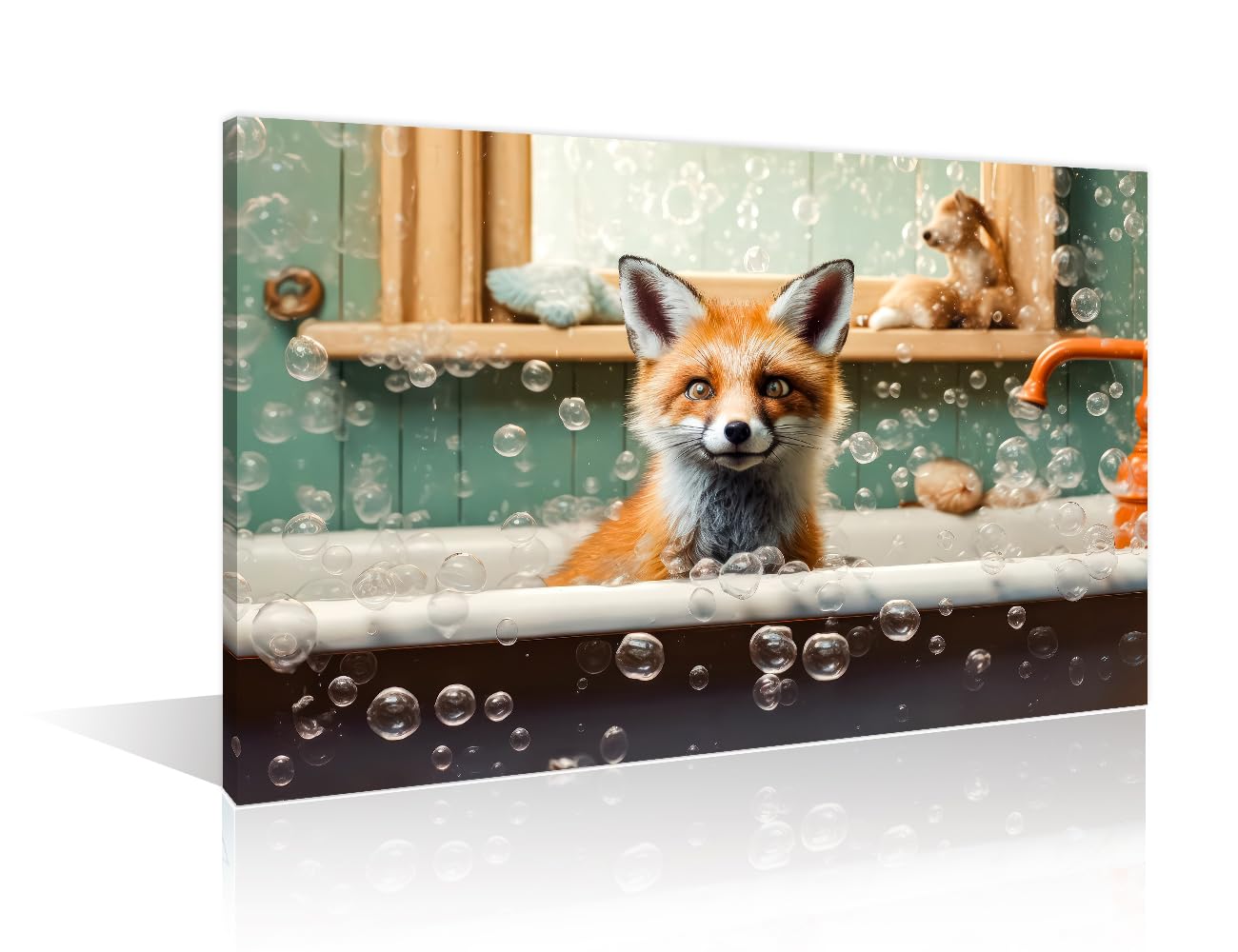 Bathtub Animal Fox Wall Decor Fox Takes a Bath in the Bathtub Bathroom Wall Art Canvas Paintings Boho Canvas Pictures Artwork Modern Home Decor Posters & Prints Framed Ready to Hang (16"Wx24"H)