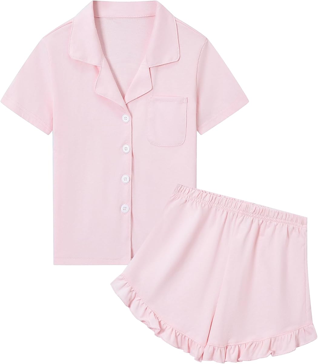 SANGTREE Girls & Women 100% Cotton Pajama Set Short Sleeve Button Down Top and Ruffle Shorts Lounge Outfits