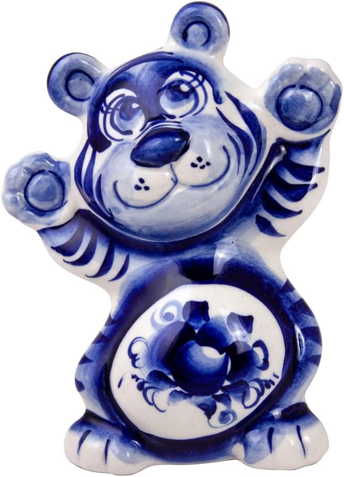 Collectible Figurine Hand-Painted Matvey Porcelain Figurine. Gzhel Tiger Symbol of The 2022 Handmade Figurines for Decor 4.13 x 3.15 x 1.97-inch