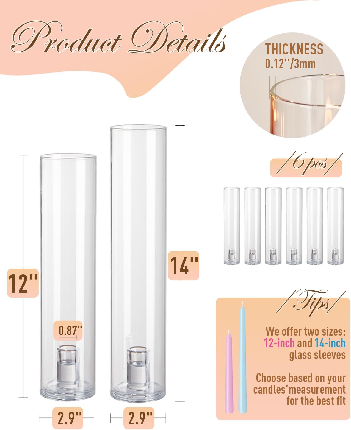 Glass Hurricane Candle Holder 6 pcs, Candlestick Holder Clear with Sleeve Cover for Wedding Party (12" Height)