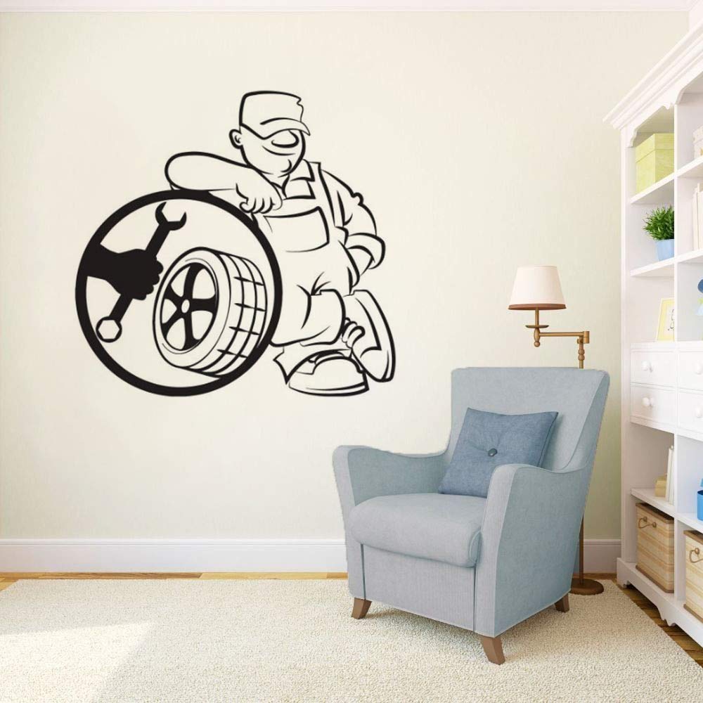 Tianpengyuanshuai Tire service wall vinyl decal car repair wall sticker car service shop decoration car repair man 63X60cm